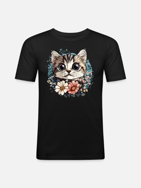 Cat with flower wreath - Men's Slim Fit T-Shirt - black