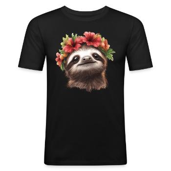 Fröhliches Faultier mit Blumen - Männer Slim Fit T-Shirt - Schwarz - Vorne - Nik (191cm)