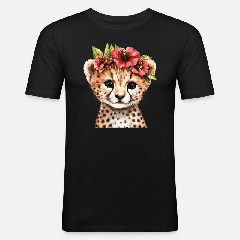 Gepard mit Blumenkranz - Männer Slim Fit T-Shirt - Schwarz