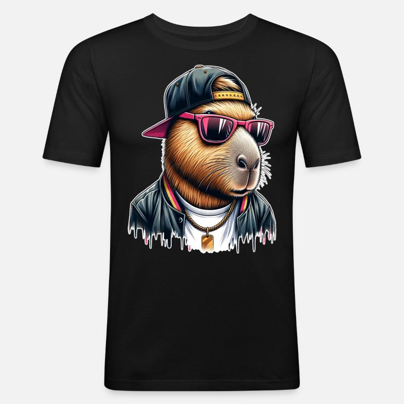 Capybara Cap Sonnebrille Cool - Männer Slim Fit T-Shirt - Schwarz