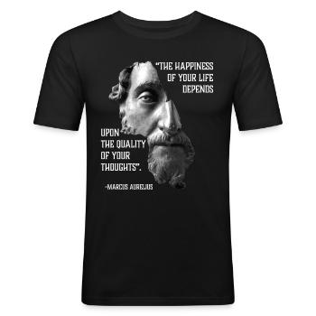 Citation stoïcienne Marc Aurèle Le bonheur de votre vie - T-shirt près du corps Homme - noir - Devant - Nik (191cm)