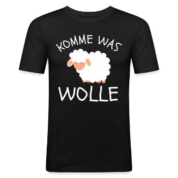 KOMME WAS WOLLE - WITZIGES SCHAF DESIGN ZUM LACHEN - Männer Slim Fit T-Shirt - Schwarz - Vorne - Nik (191cm)
