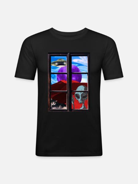 Strange alien cat UFO - Men's Slim Fit T-Shirt - black