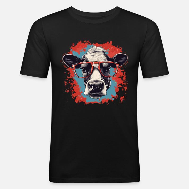 Kuh mit Nerdbrille - Männer Slim Fit T-Shirt - Schwarz