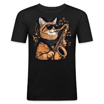 Lustige Katze, die Saxophon spielt Musiknoten Grafik - Männer Slim Fit T-Shirt - Schwarz - Vorne - Nik (191cm)