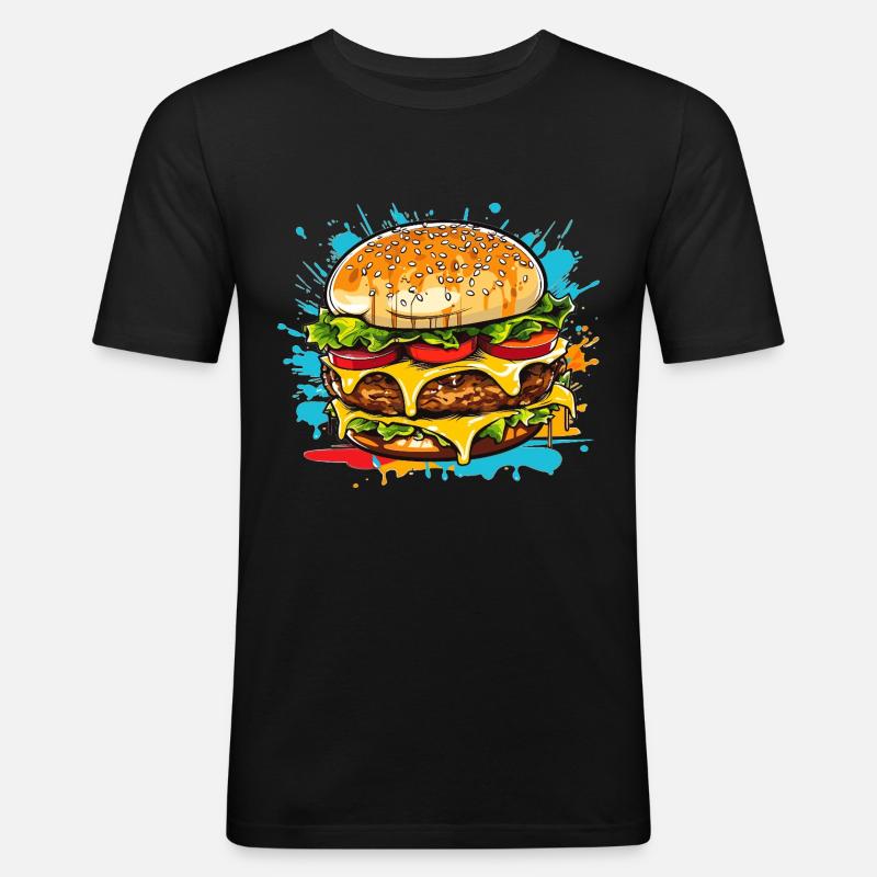 Cheeseburger Splash - Männer Slim Fit T-Shirt - Schwarz