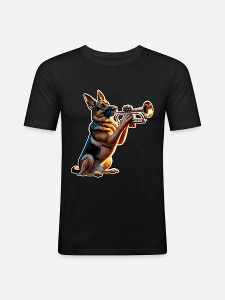 German Shepherd playing Trumpet - Men's Slim Fit T-Shirt - black