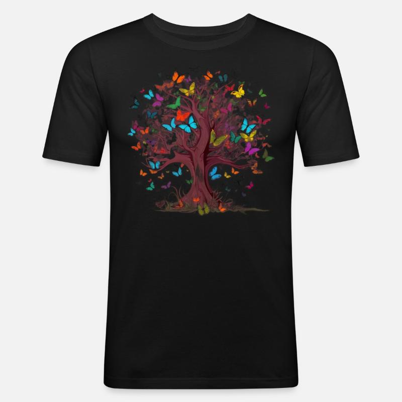 Schmetterlingsbaum Bunte Schmetterlinge Fliegen - Männer Slim Fit T-Shirt - Schwarz