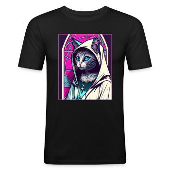 Cat Nun Church Vaporwave Religion Chaton - T-shirt près du corps Homme - noir - Devant - Nik (191cm)