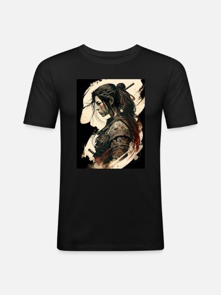 Samurai-Kriegerin - Männer Slim Fit T-Shirt - Schwarz