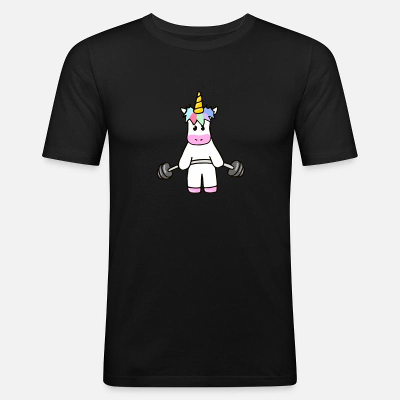 Einhorn mit einer Hantel - Männer Slim Fit T-Shirt - Schwarz
