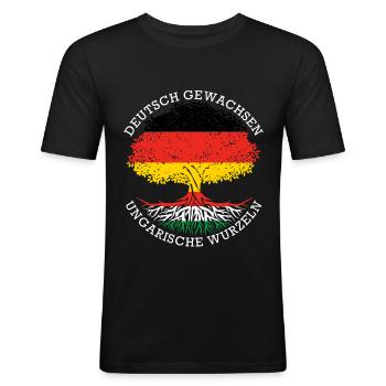 Deutsch Aufgewachsen Ungarische Wurzeln - Männer Slim Fit T-Shirt - Schwarz - Vorne - Nik (191cm)