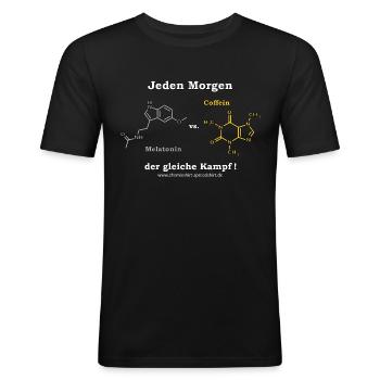 melatonin_vs_coffein_2_mp - Männer Slim Fit T-Shirt - Schwarz - Vorne - Nik (191cm)