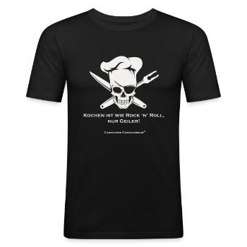 Shirt für Köche: Kochen ist wie Rock 'n' roll, n - Männer Slim Fit T-Shirt - Schwarz - Vorne - Nik (191cm)