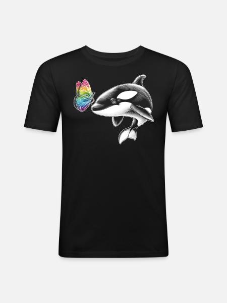 Orca-wal-schmetterlinge-tier-blumenillustration - Männer Slim Fit T-Shirt - Schwarz