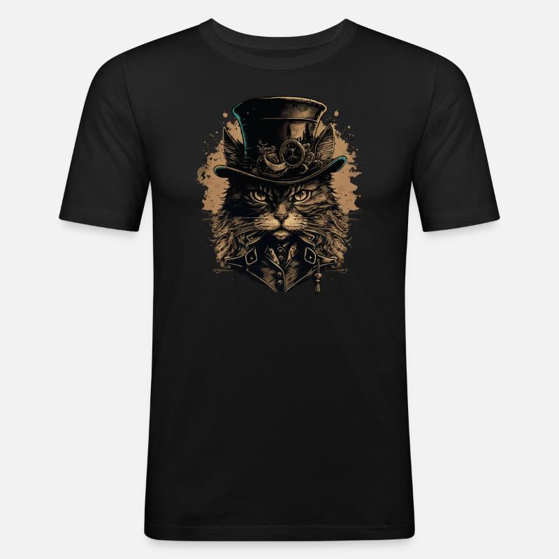 Steampunk Katze - Männer Slim Fit T-Shirt - Schwarz