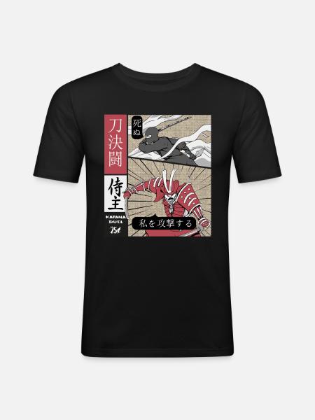 Katana Duell Ninja vs Samurai - Männer Slim Fit T-Shirt - Schwarz