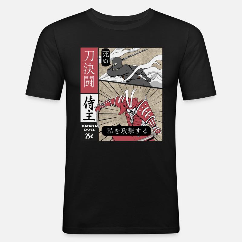 Katana Duell Ninja vs Samurai - Männer Slim Fit T-Shirt - Schwarz