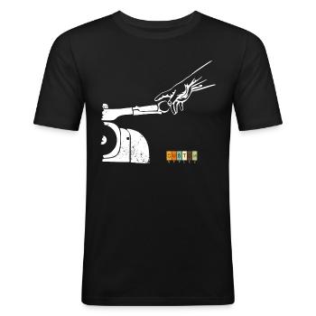Schwalbefahrer - Simson Schwalbe DDR - Männer Slim Fit T-Shirt - Schwarz - Vorne - Nik (191cm)