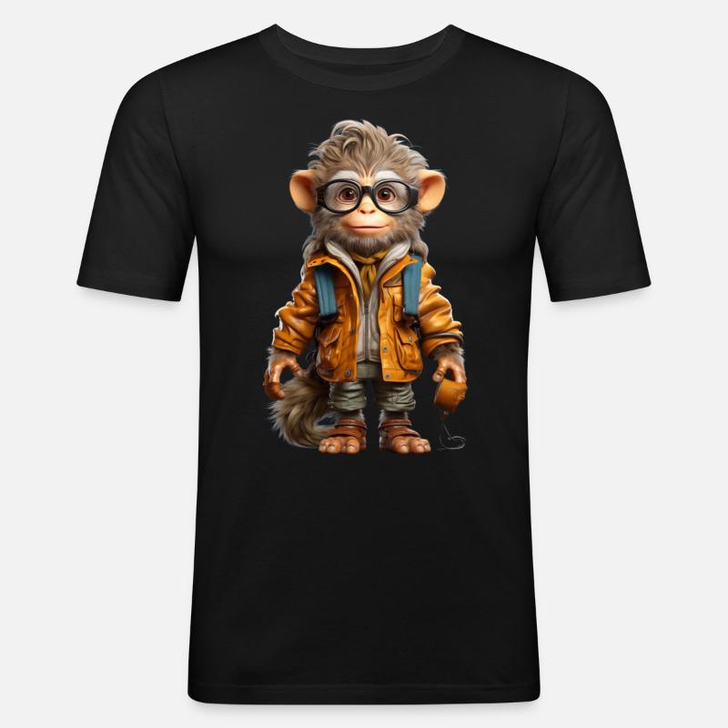Udo der Entdecker Affe - Männer Slim Fit T-Shirt - Schwarz