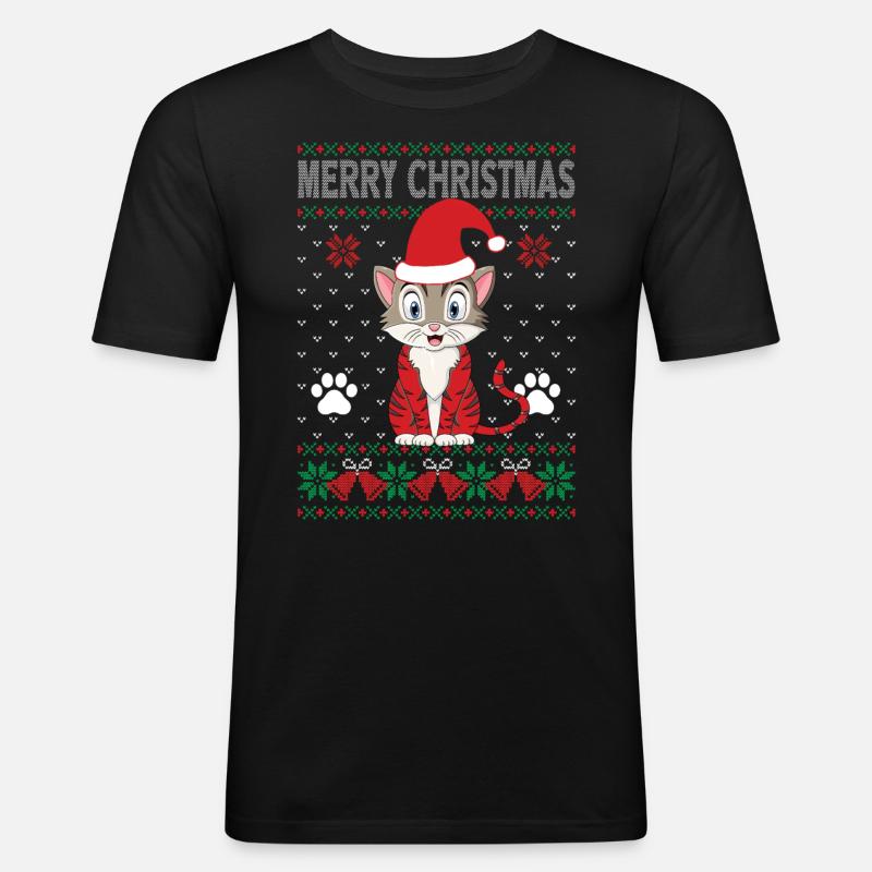 Hässlicher Weihnachtspullover Katzenliebhaber Weihnachtslichter - Männer Slim Fit T-Shirt - Schwarz