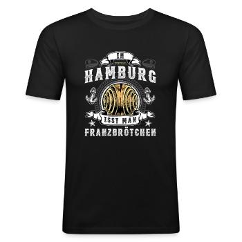 Franzbrötchen Hamburg Hamburch Gebäck Souvenir - Männer Slim Fit T-Shirt - Schwarz - Vorne - Nik (191cm)