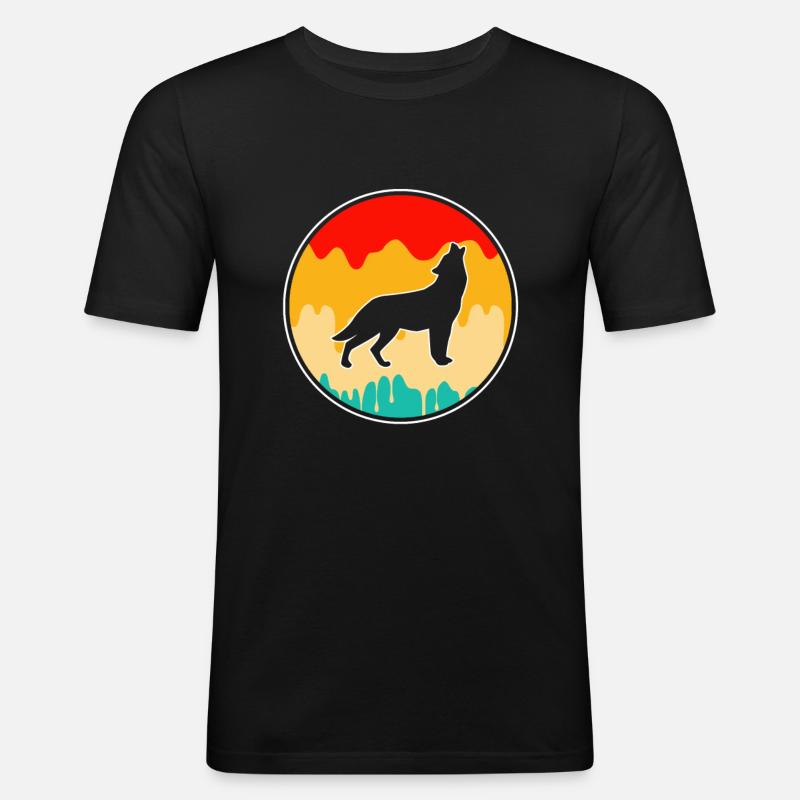 Wolf Retro - Männer Slim Fit T-Shirt - Schwarz