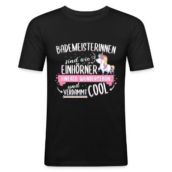Bademeister Rettungsschwimmer Einhorn Spruch Beruf - Männer Slim Fit T-Shirt - Schwarz - Vorne - Nik (191cm)
