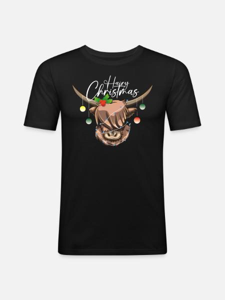 Hairy Christmas Highland Cow - Men's Slim Fit T-Shirt - black