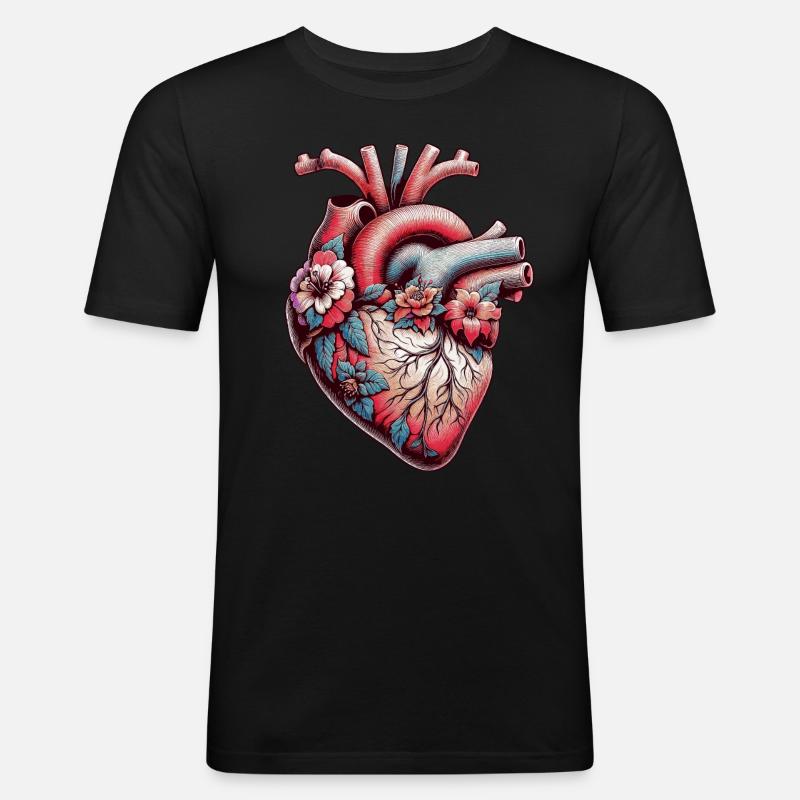 Anatomisches Herz mit Blumen - Männer Slim Fit T-Shirt - Schwarz