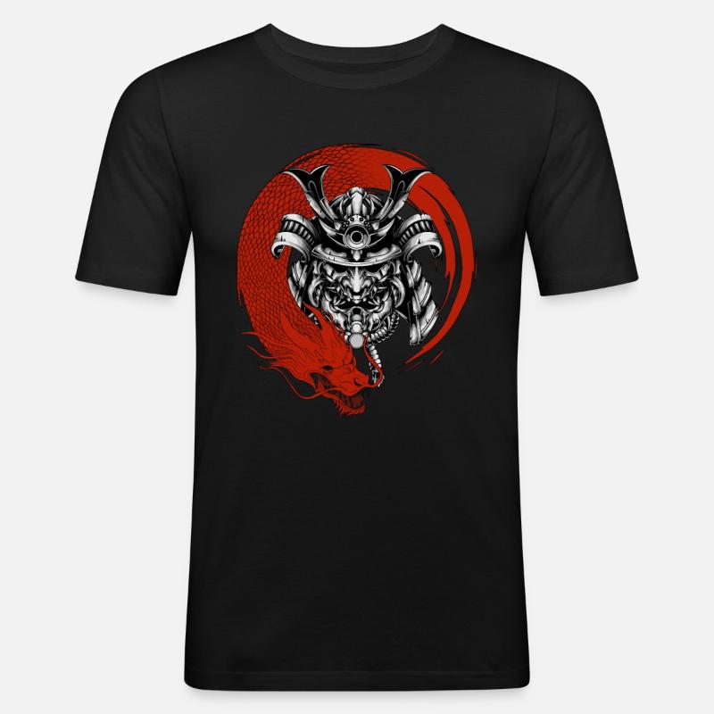 Samurai und Drache - Männer Slim Fit T-Shirt - Schwarz