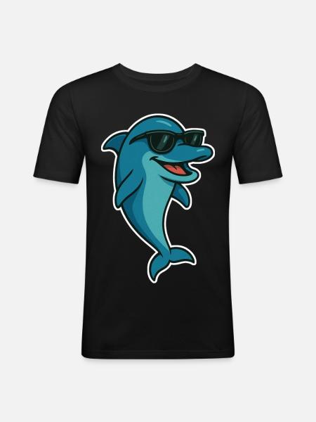 Delfin mit Sonnebrille - Männer Slim Fit T-Shirt - Schwarz