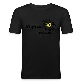 G' hupft | Egal Tassen & Zubehör - Männer Slim Fit T-Shirt - Schwarz - Vorne - Nik (191cm)