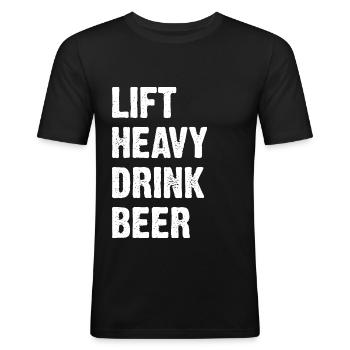 Lift Heavy Drink Bière - T-shirt près du corps Homme - noir - Devant - Nik (191cm)