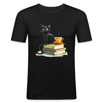 Cats Books Tea Reading - Cute Funny Graphic - Männer Slim Fit T-Shirt - Schwarz - Vorne - Nik (191cm)