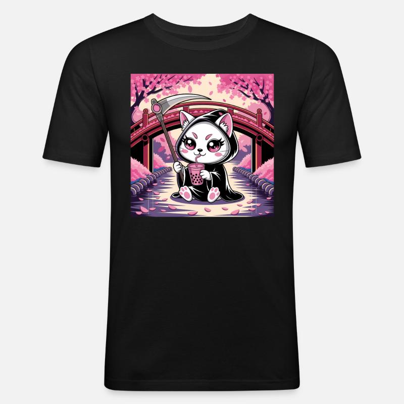 Sensenmann Anime Katze Kirschblüte - Männer Slim Fit T-Shirt - Schwarz