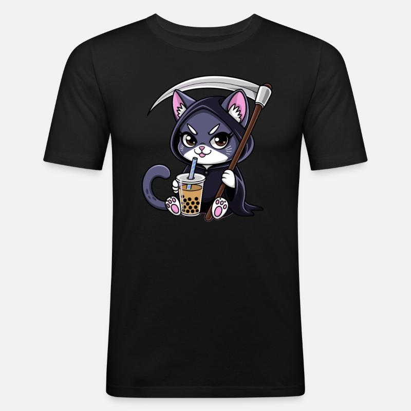 Sensenmann Anime Katze Kirschblüte - Männer Slim Fit T-Shirt - Schwarz
