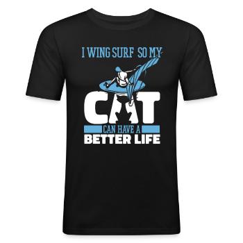 Wing Surf Wing Foil Katze - Männer Slim Fit T-Shirt - Schwarz - Vorne - Nik (191cm)