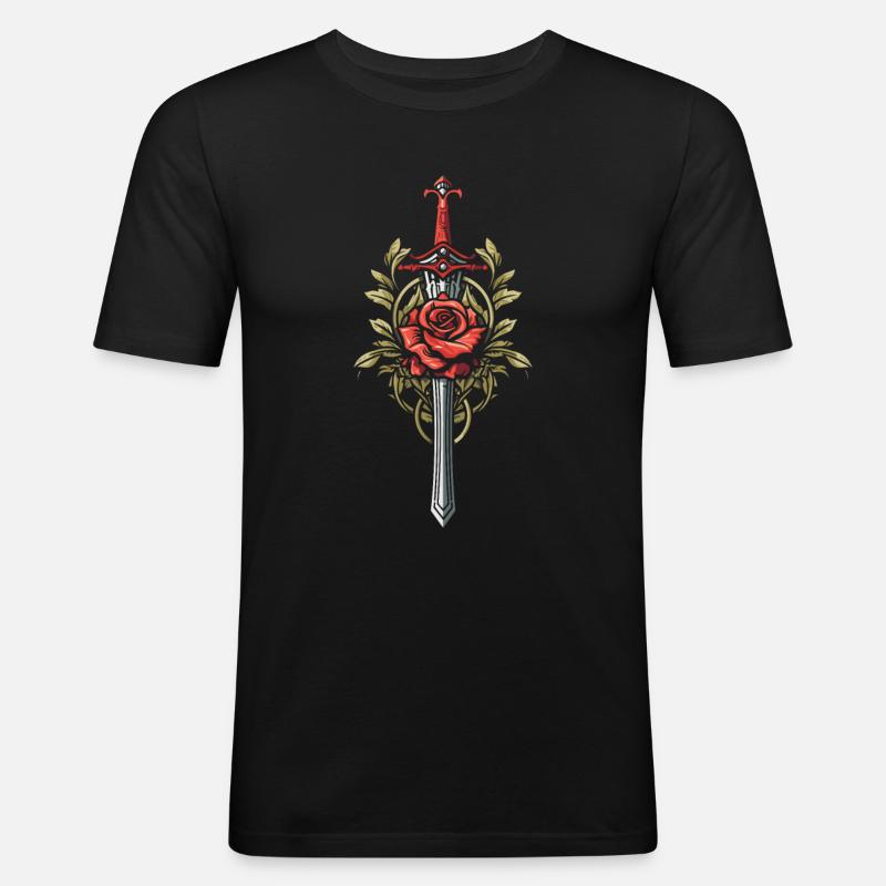 Rote Rose Goth Schwert - Männer Slim Fit T-Shirt - Schwarz