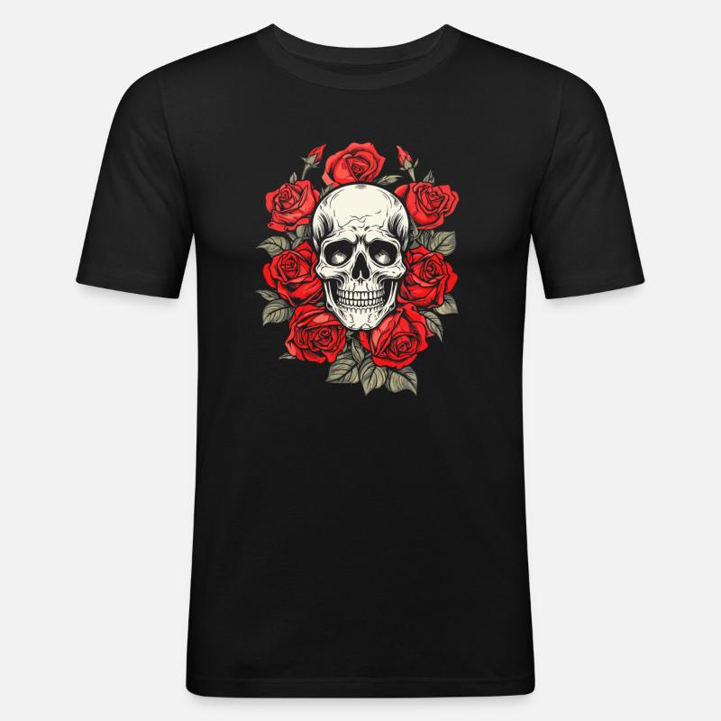Rote Rose Goth Schädel - Männer Slim Fit T-Shirt - Schwarz