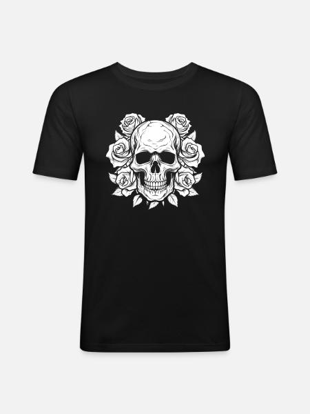 Crâne de Goth Rose rouge - T-shirt près du corps Homme - noir
