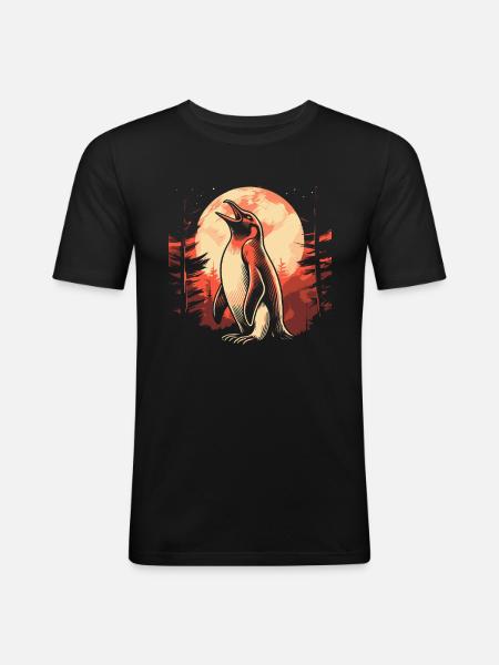 Pinguin Moon Howling - Männer Slim Fit T-Shirt - Schwarz