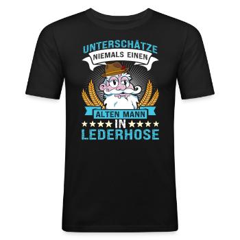 Unterschätze Niemals einen Alten Mann in Lederhose - Männer Slim Fit T-Shirt - Schwarz - Vorne - Nik (191cm)
