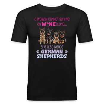 Schæferkvinnen KAN IKKE OVERLEVE PÅ VIN - Slim Fit T-skjorte for menn - svart - Foran - Nik (191cm)