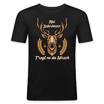 Münchner Volksfest MEI LEDERHOSEN TRAGT NO DA - Männer Slim Fit T-Shirt - Schwarz - Vorne - Nik (191cm)