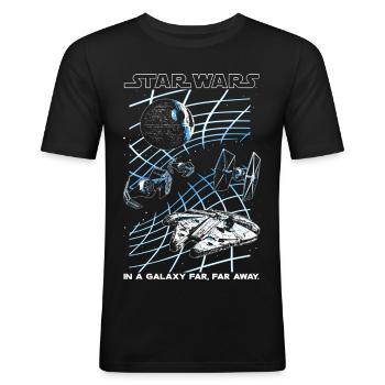 Star Wars Motiv & Spruch In A Galaxy Far, Far Away - Männer Slim Fit T-Shirt - Schwarz - Vorne - Nik (191cm)