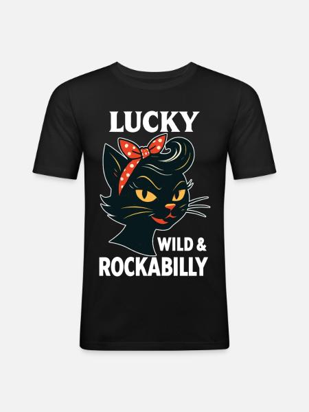 Lucky, Wild & Rockabilly : Black Retro Cat - T-shirt près du corps Homme - noir