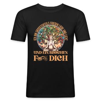Yogi LIEBE UND LICHT UND BISSCHEN FICK DICH - Männer Slim Fit T-Shirt - Schwarz - Vorne - Nik (191cm)