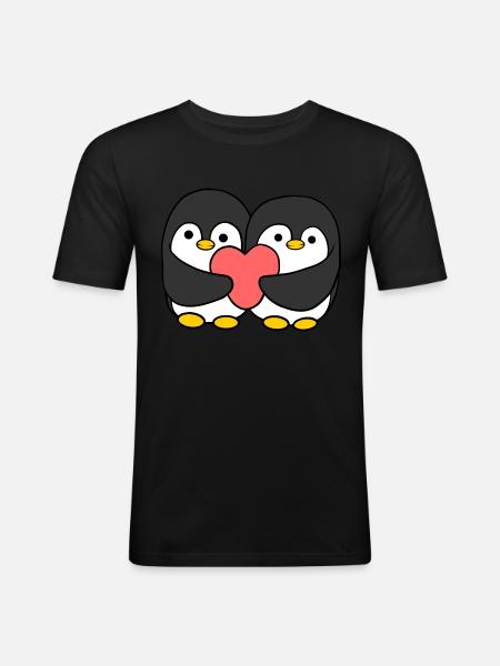 Pareja de pingüinos de dibujos animados sosteniendo un corazón - Camiseta ajustada hombre - negro