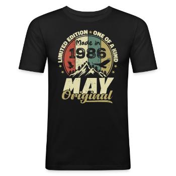 Vintage-Jubiläumsgeschenk vom Mai 1986 - Männer Slim Fit T-Shirt - Schwarz - Vorne - Nik (191cm)